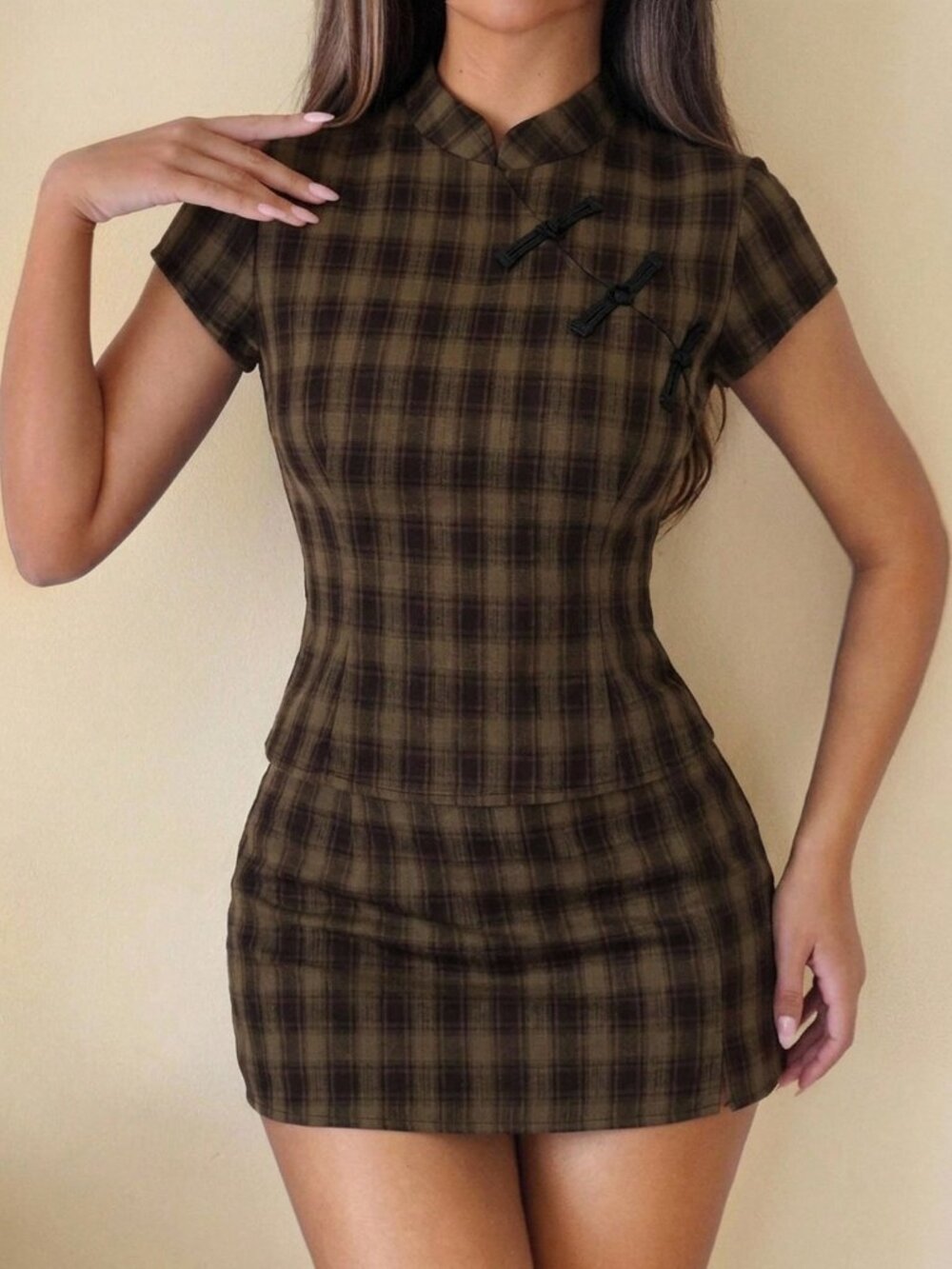 Multicolor Casual Women's Plaid Mandarin Collar Batwing Mini Skirt Set